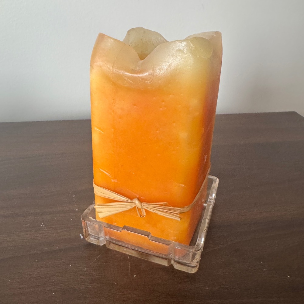 Rustic Orange Ombre Square Pillar Candle with Raffia Bow and Glass Base 7in